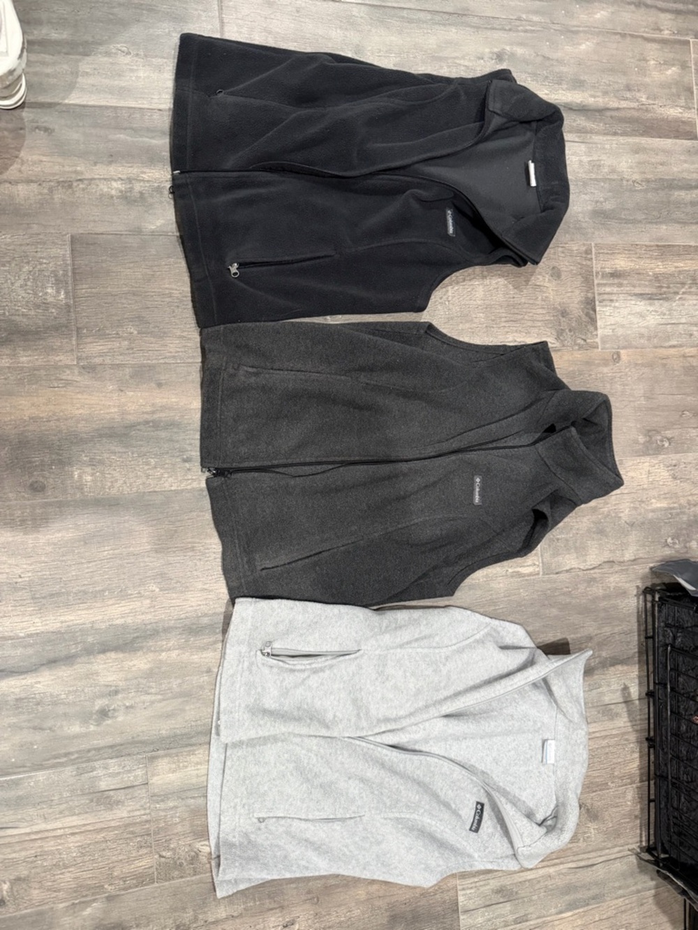 3 Columbia Fleece Zip Vests in Black, Dark Gray, and Light Gray